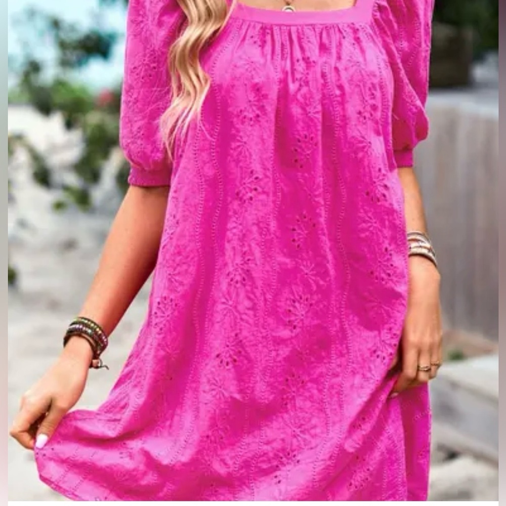 Hot pink eyelet dress with poufy sleeves. NWT. Gift ready. Size XL - Picture 2 of 5